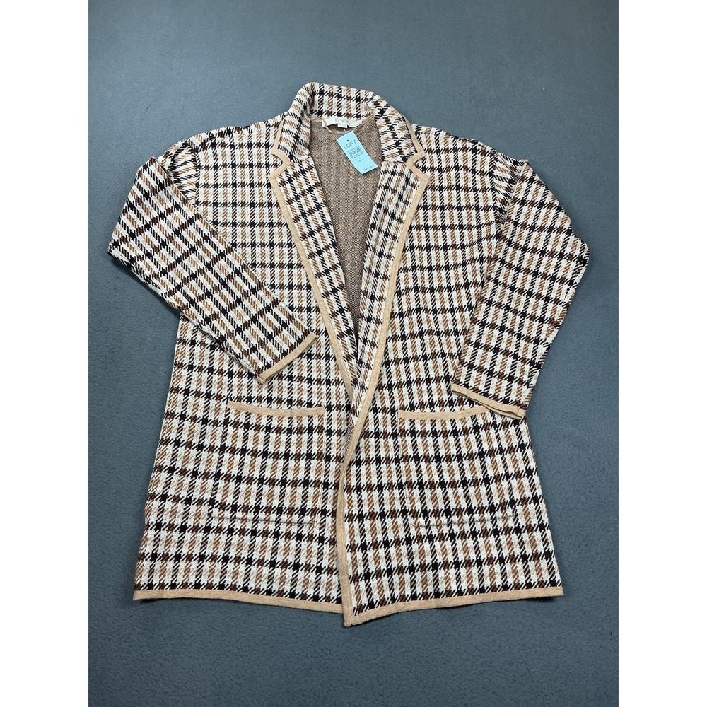LOFT Jacket Womens Small‎ Petite Brown Plaid Knit Open Front Cardigan Coatigan